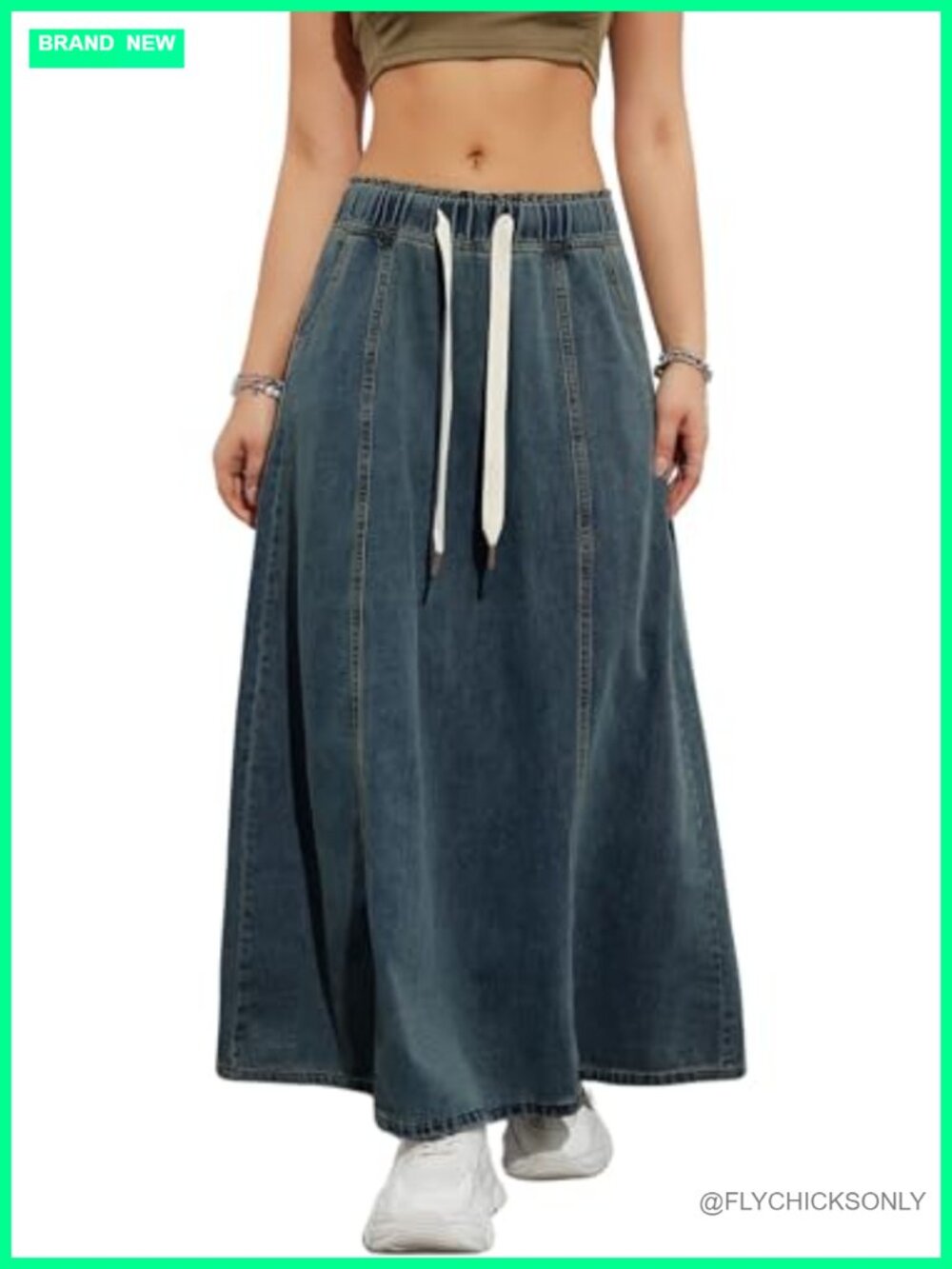 High Waist A Line Long Maxi Flare Denim Skirt with Pockets